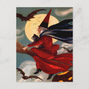 Retro Halloween Broom Witch Postcard