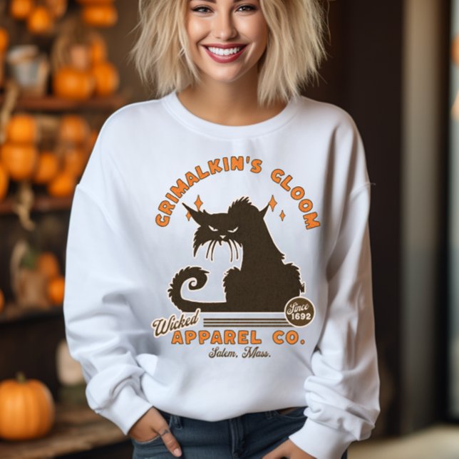 Retro Halloween Cat Grimalkin Orange Black  Sweatshirt (A grumpy cat highlights this funny retro Halloween shirt. Great for cat lovers. This sassy feline hi)