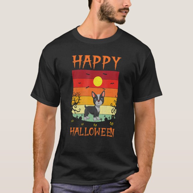 Retro Halloween Costumes Matching Boston Terrier H T-Shirt (Front)