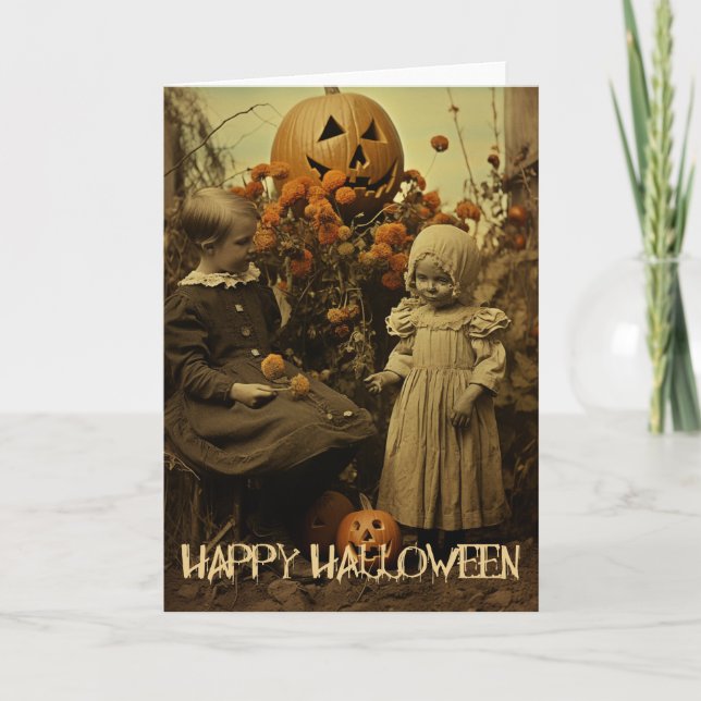 Retro Halloween creepy girls with carved pumpkins Holiday Card (Front)