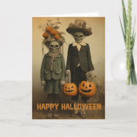 Retro Halloween creepy kids with carved pumpkins