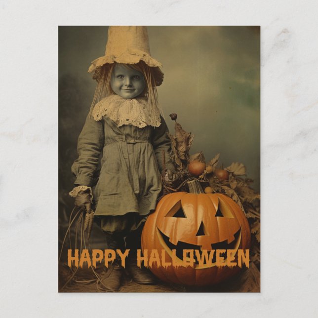 Retro Halloween creepy kids with carved pumpkins Postcard (Front)