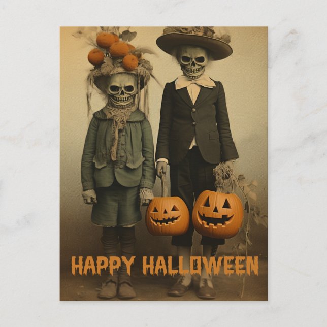 Retro Halloween creepy kids with carved pumpkins Postcard (Front)