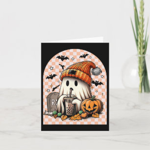 Retro Halloween Cute Ghost Drinking Coffee Pumpkin Card