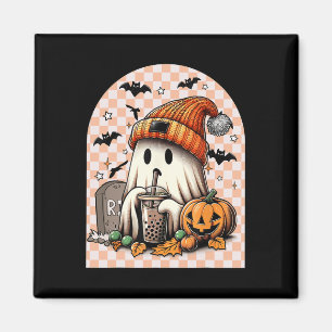 Retro Halloween Cute Ghost Drinking Coffee Pumpkin Magnet