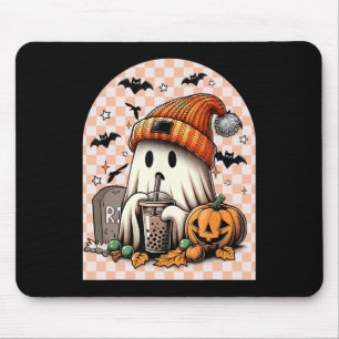 Retro Halloween Cute Ghost Drinking Coffee Pumpkin Mouse Mat