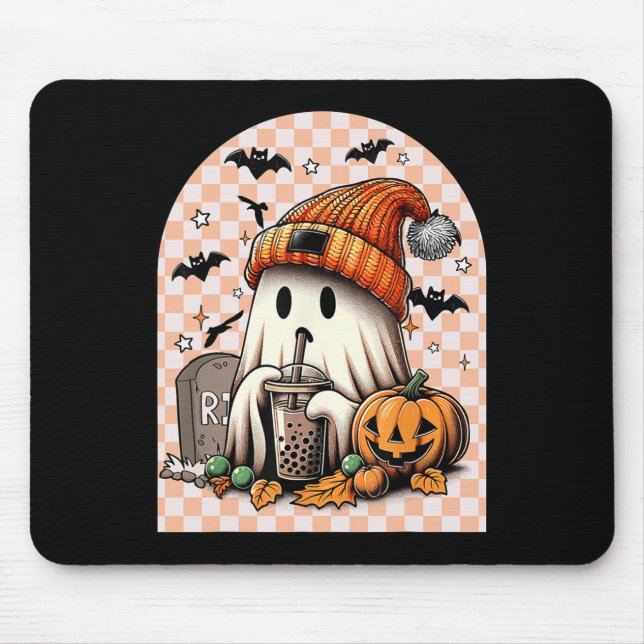 Retro Halloween Cute Ghost Drinking Coffee Pumpkin Mouse Mat (Front)