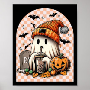 Retro Halloween Cute Ghost Drinking Coffee Pumpkin Poster