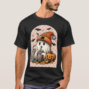 Retro Halloween Cute Ghost Drinking Coffee Pumpkin T-Shirt