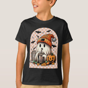 Retro Halloween Cute Ghost Drinking Coffee Pumpkin T-Shirt