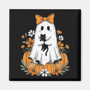 Retro Halloween Cute Ghost Holding Black Cat Flora Magnet