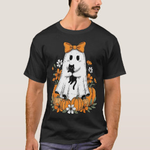 Retro Halloween Cute Ghost Holding Black Cat Flora T-Shirt