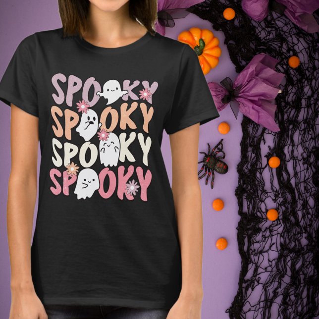 Retro Halloween Cute Ghosts and Flowers Spooky T-Shirt (Creator Uploaded)