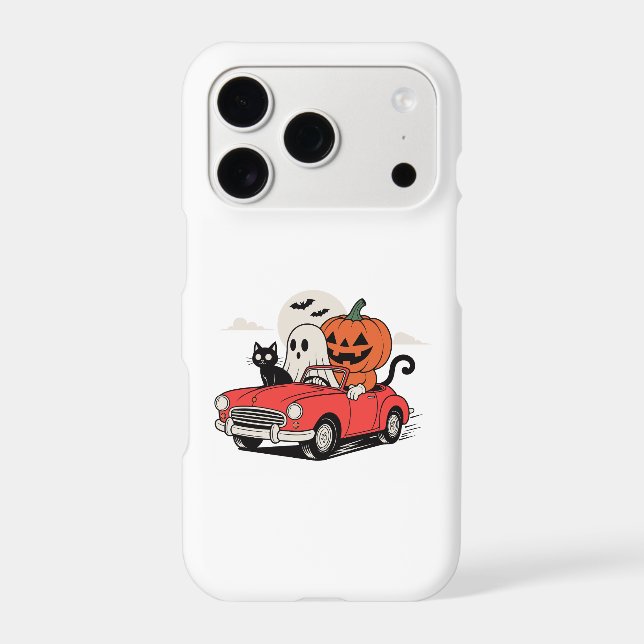 Retro Halloween Ghost Driving Red Car  (Back)