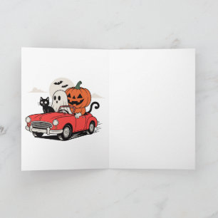 Retro Halloween Ghost Driving Red Car T-Shirt Card