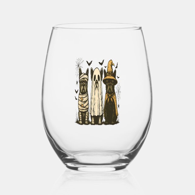 Retro Halloween Ghost French Bulldog Gothic Png Stemless Wine Glass (Front)