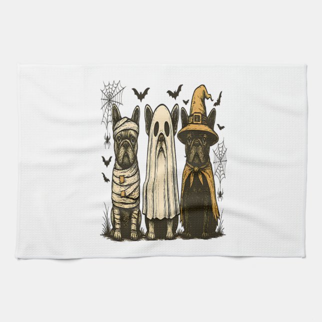 Retro Halloween Ghost French Bulldog Gothic Png Tea Towel (Horizontal)