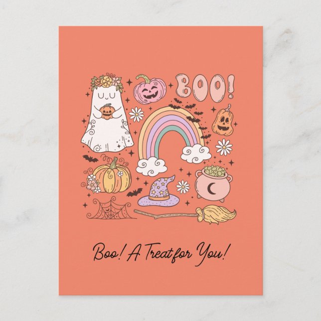 Retro Halloween Ghost Pumpkin Spider Web Witch Hat Postcard (Front)