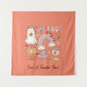 Retro Halloween Ghost Pumpkin Spider Web Witch Hat Tapestry