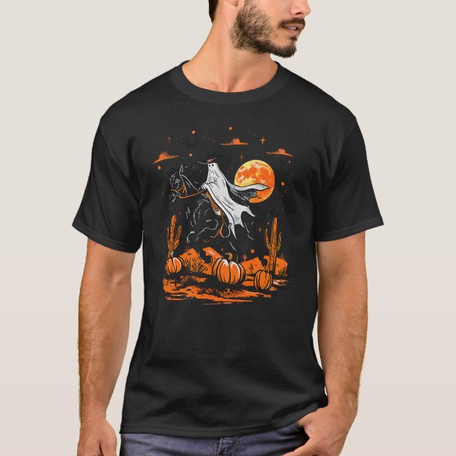 Retro Halloween Ghost Riding Horse Spooky Season M T-Shirt (Front)