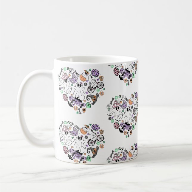 Retro Halloween Ghosts and Pumpkin Heart shape Coffee Mug (Left)