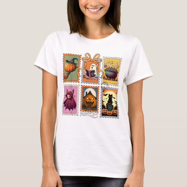 Retro Halloween Gift Stamp Ghost Cat Spooky T-Shirt (Front)
