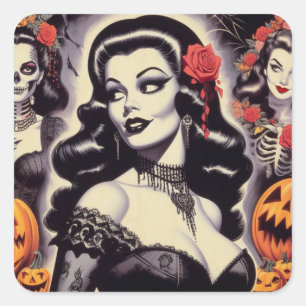 Retro Halloween Goth Pin-up Square Sticker