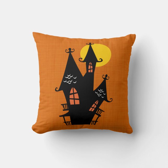 Retro Halloween Haunted House Cushion (Front)
