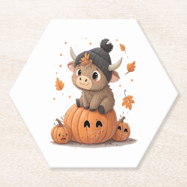 Retro Halloween Highland Cow 2 Paper Coaster (Front)
