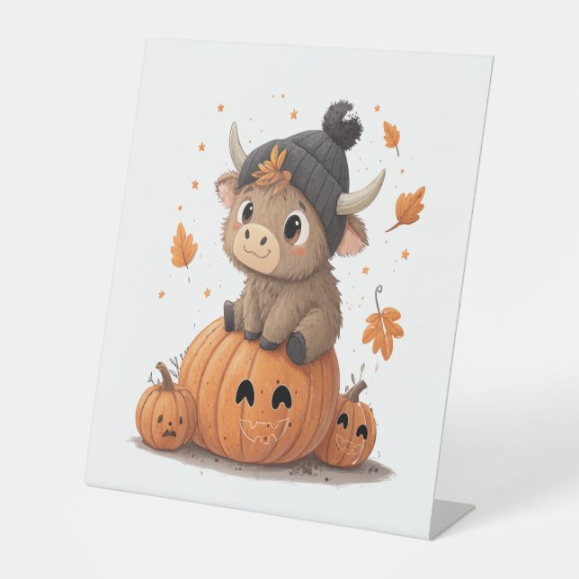 Retro Halloween Highland Cow 2 Pedestal Sign (Front)