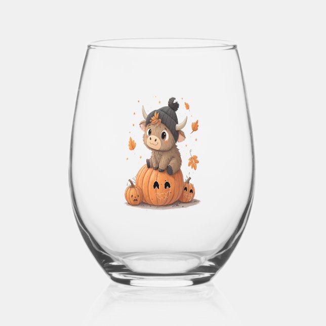 Retro Halloween Highland Cow 2 Stemless Wine Glass (Front)