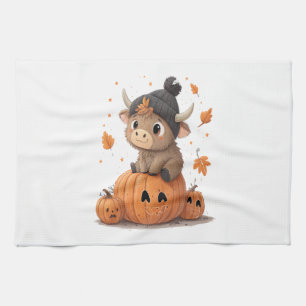 Retro Halloween Highland Cow 2 Tea Towel
