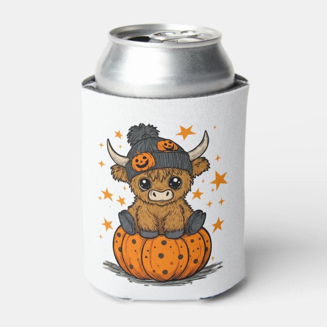 Retro Halloween Highland Cow Can Cooler (Can Front)