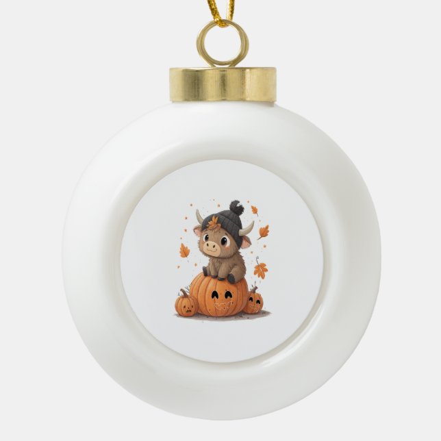 Retro Halloween Highland Cow Ceramic Ball Christmas Ornament (Front)