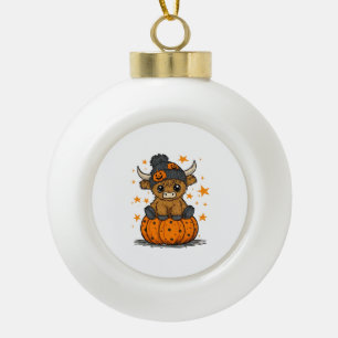 Retro Halloween Highland Cow Ceramic Ball Christmas Ornament