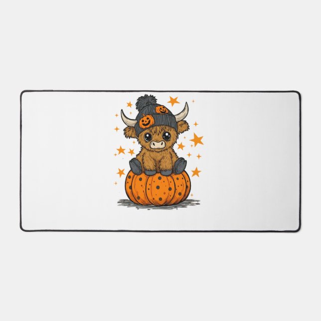 Retro Halloween Highland Cow Desk Mat (Front)