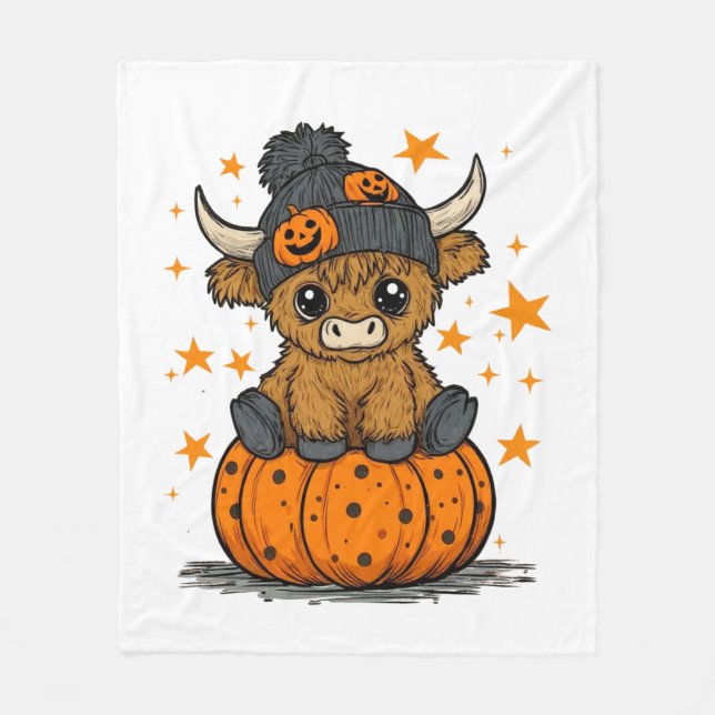 Retro Halloween Highland Cow Fleece Blanket (Front)