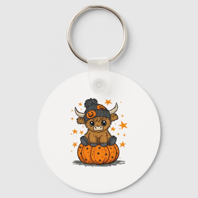 Retro Halloween Highland Cow Key Ring (Front)