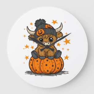 Retro Halloween Highland Cow Large Clock
