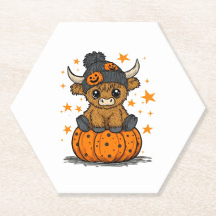 Retro Halloween Highland Cow Paper Coaster