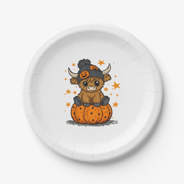 Retro Halloween Highland Cow Paper Plate (Front)