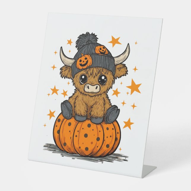 Retro Halloween Highland Cow Pedestal Sign (Front)