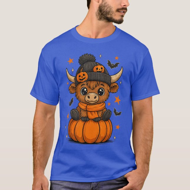 Retro Halloween Highland Cow Pumpkin Fall Cowhanks T-Shirt (Front)
