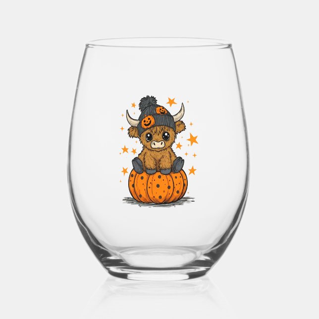 Retro Halloween Highland Cow Stemless Wine Glass (Front)