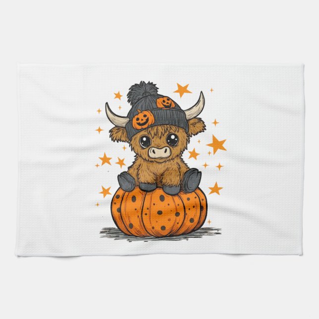 Retro Halloween Highland Cow Tea Towel (Horizontal)