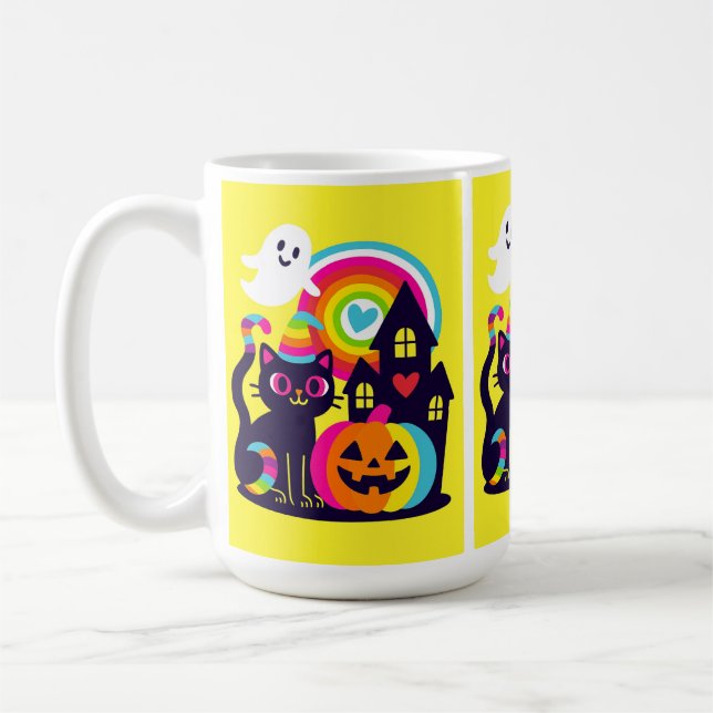  Retro Halloween Kawaii Black Cat, Pumpkin design Coffee Mug (Left)
