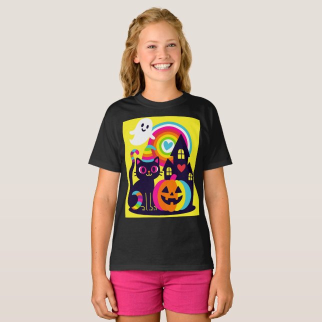  Retro Halloween Kawaii Black Cat, Pumpkin design T-Shirt (Front Full)