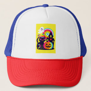 Retro Halloween Kawaii Black Cat, Pumpkin design Trucker Hat
