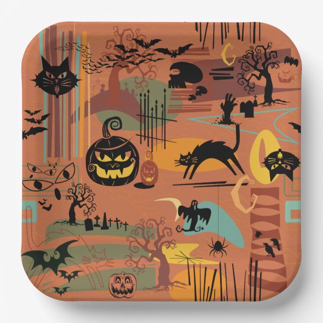 Retro Halloween O'Rama Paper Plate (Front)