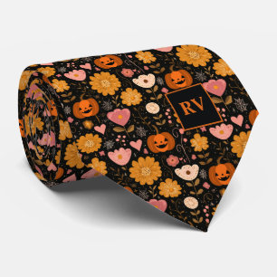 Retro Halloween Orange Pumpkins Pink Heart Flowers Tie